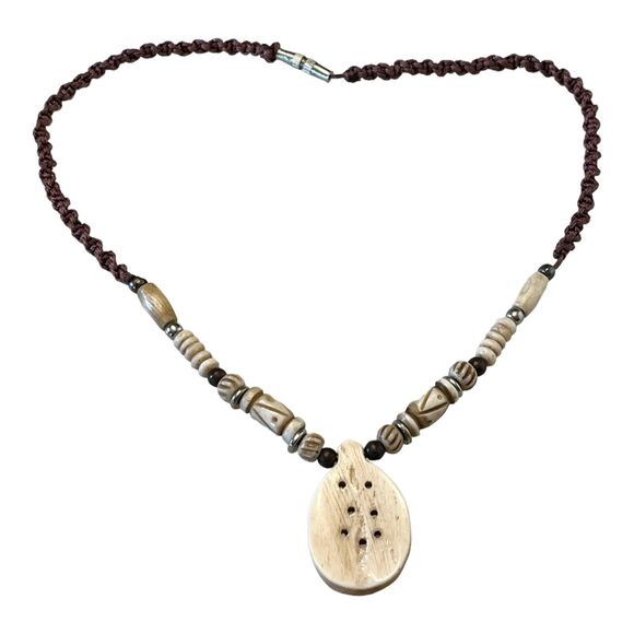 VTG Hand Carved NECKLACE & Floral PENDANT Beaded, Woven Brown White Silver 16" - Picture 4 of 6